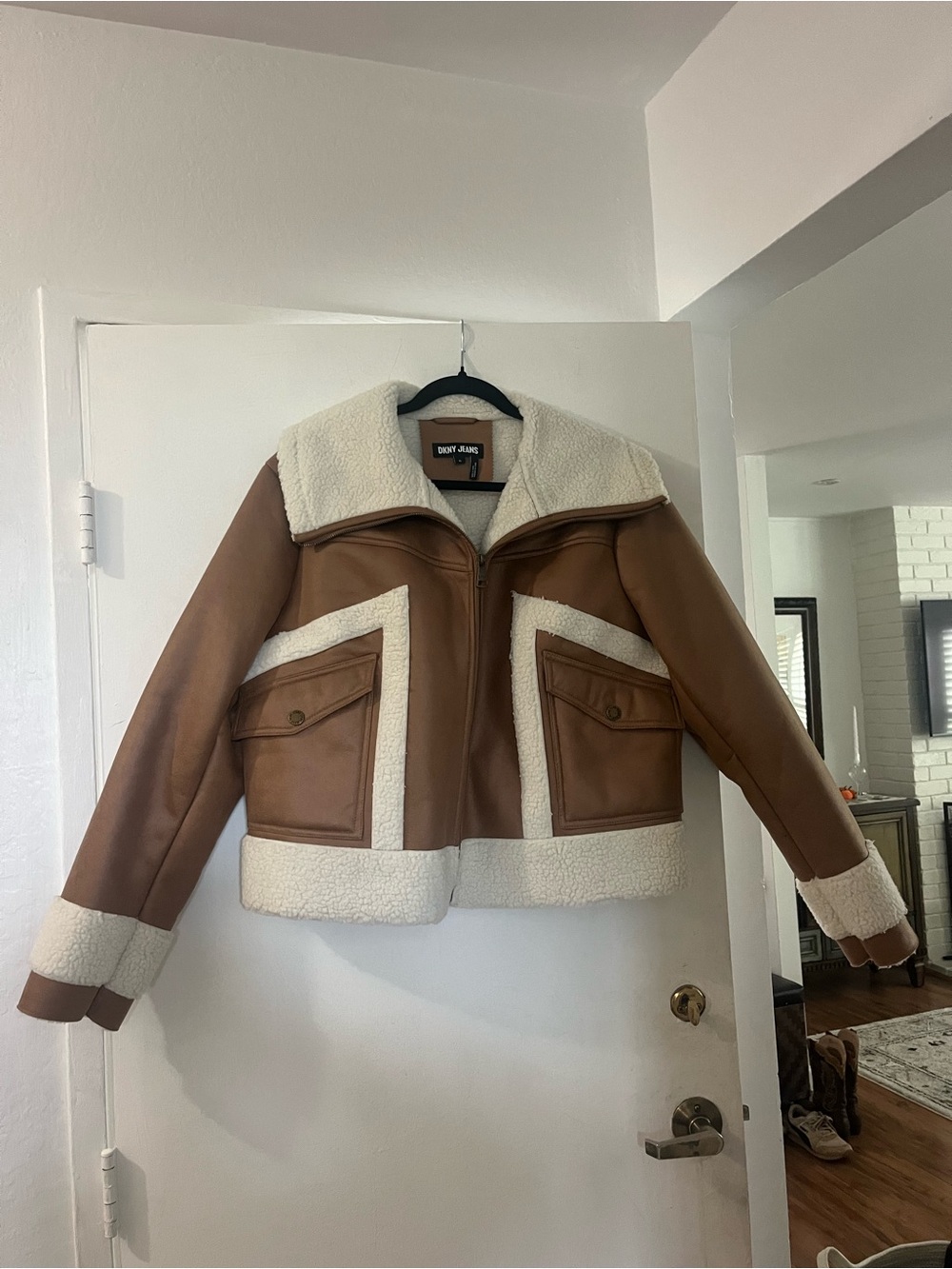 Dkny Brown Jacket with Cream Sherpa Trim